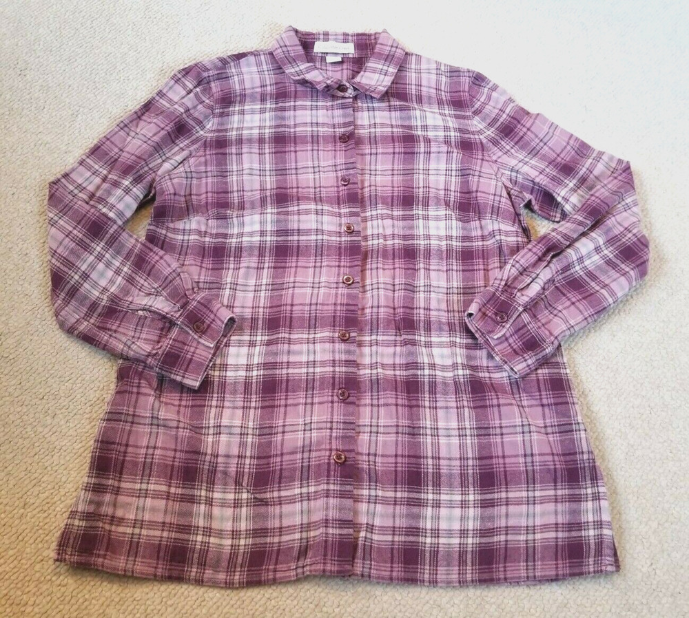 Womens Top-COLDWATER CREEK-purple/grey plaid cotton flannel button-up-S